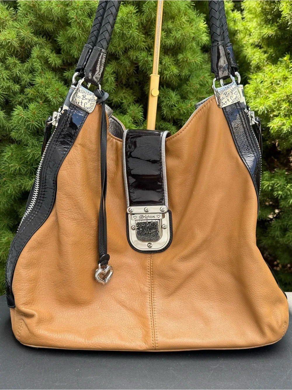 Brighton Fashionista City Block Dovima Two-Tone Tan and Black Leather Hobo Bag